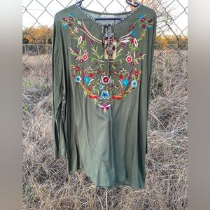 Olive Green Embroidered V-Neck Women's Tunic